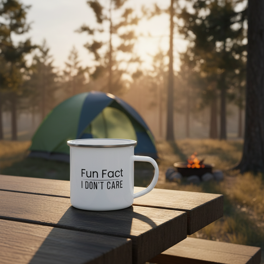 Sarcastic Mug “Fun Fact I Don’t Care”, Funny Rude Coffee Mug, Enamel Camping Mug