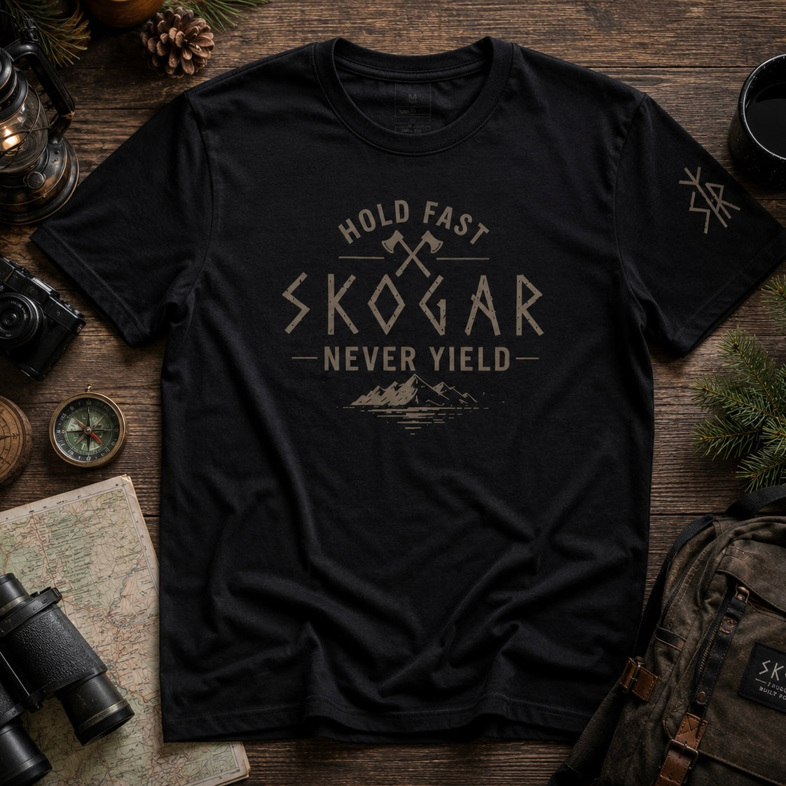 Men's Nordic Adventure T-Shirt, Mountain Graphic Tee, Hold Fast Never Yield SKOGAR Apparel