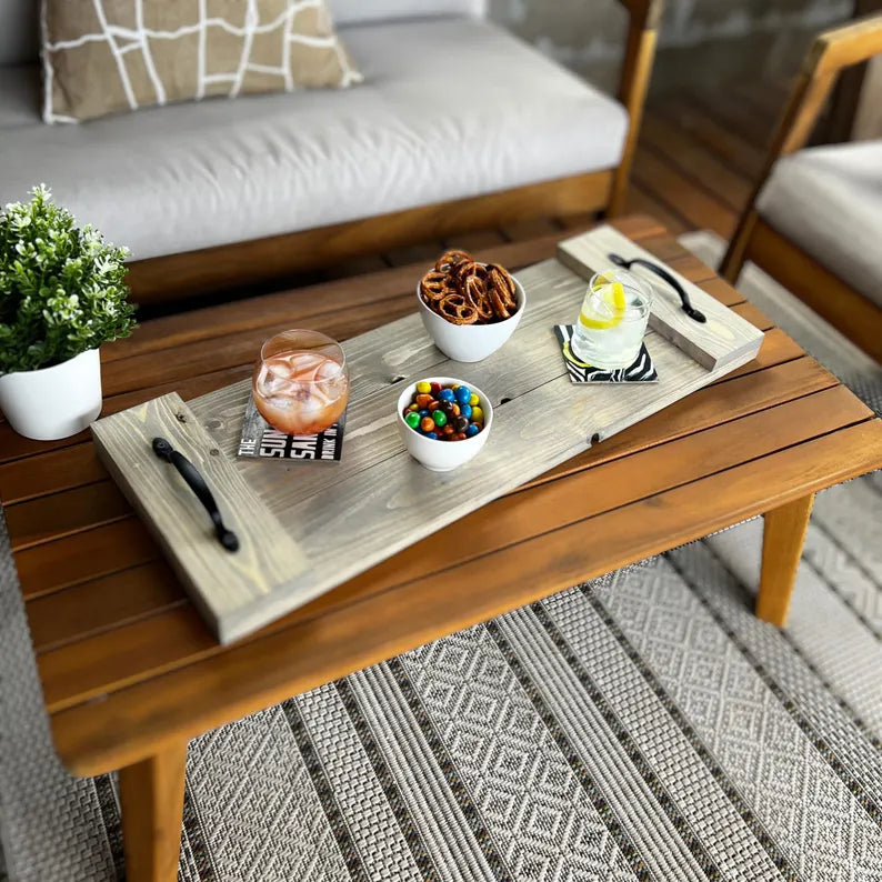 Rustic Wood Plank Serving Tray with Handles; Water Resistant Bathtub Caddy image 1