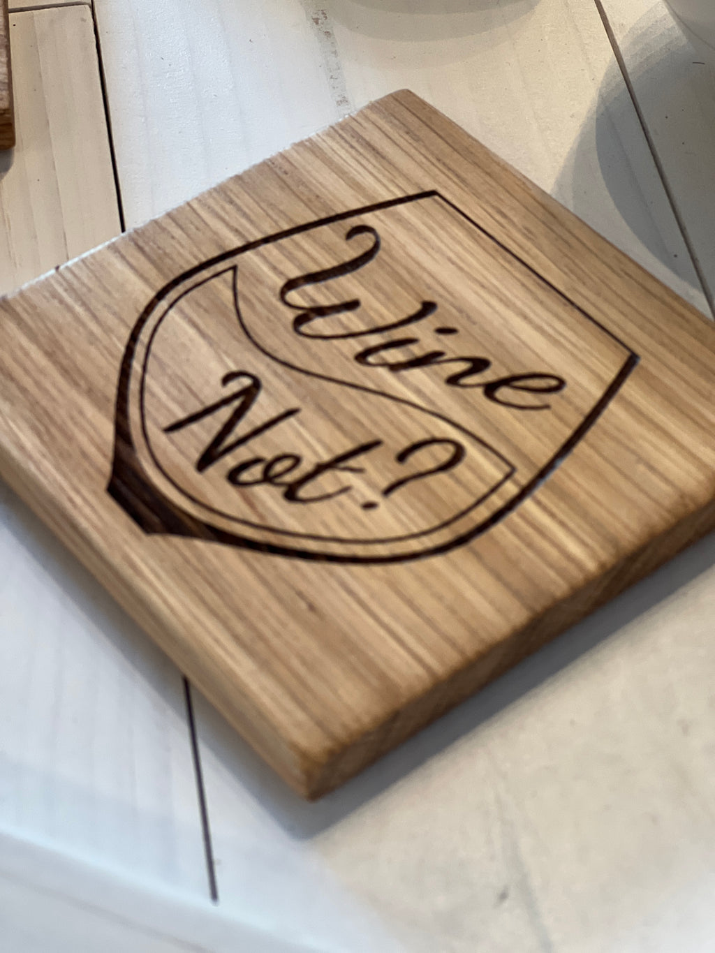Solid Oak Wine Coaster – “Wine Not?” Engraved Wooden Drinks Coaster | Rustic Tab image 3