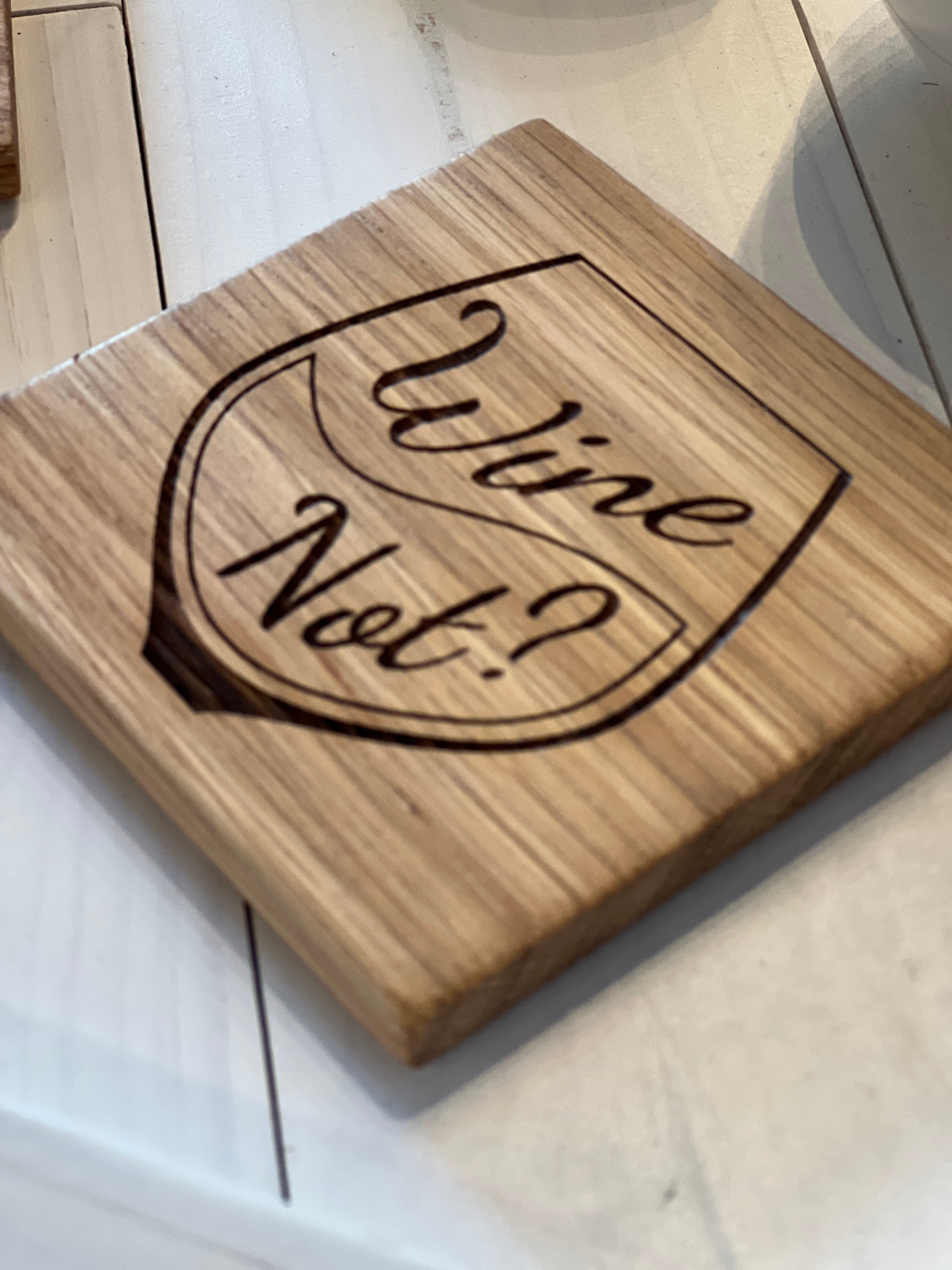 Solid Oak Wine Coaster – “Wine Not?” Engraved Wooden Drinks Coaster | Rustic Tab image 3