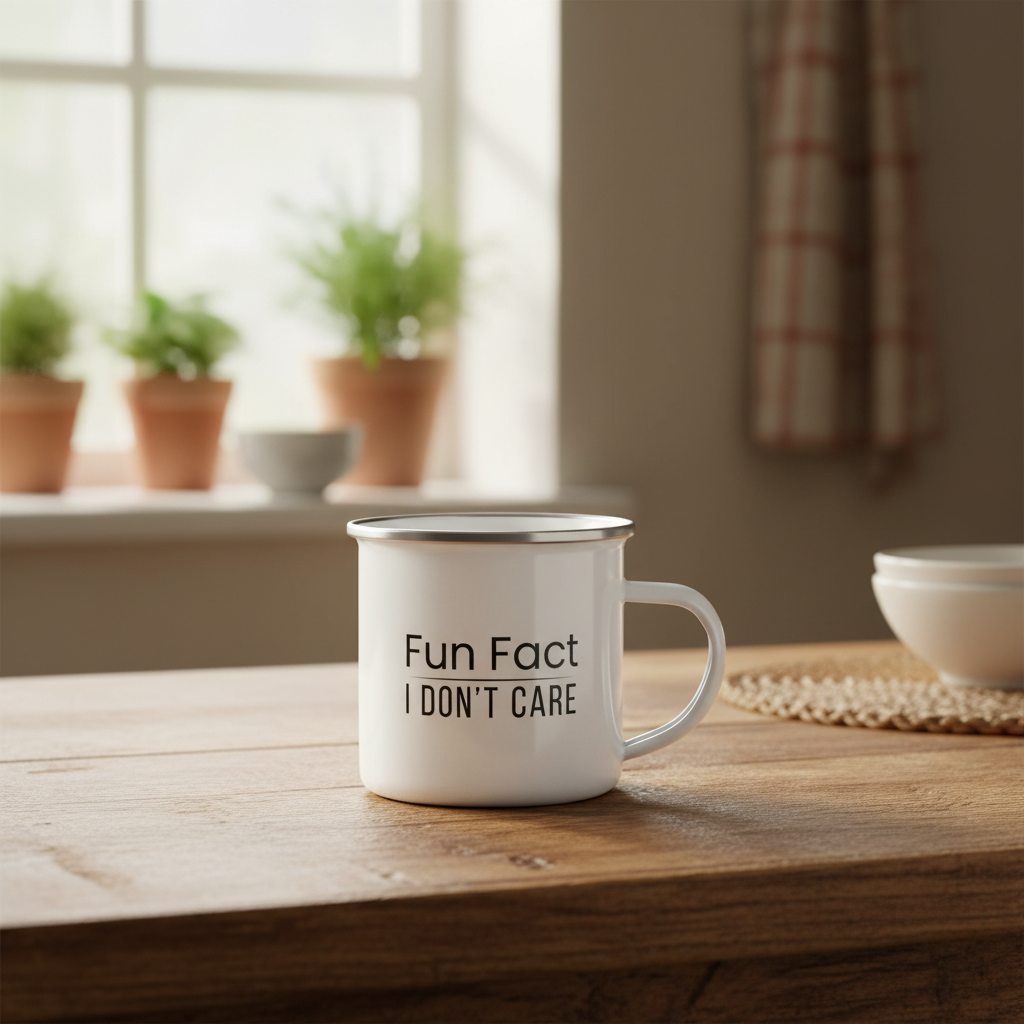 Sarcastic Mug “Fun Fact I Don’t Care”, Funny Rude Coffee Mug, Enamel Camping Mug