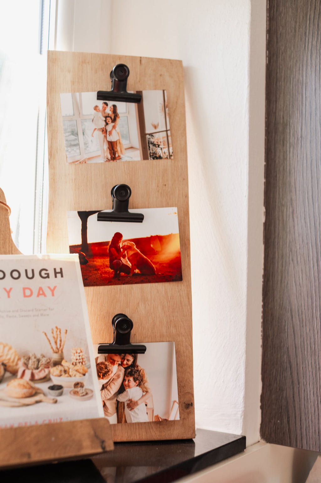 Rustic Oak Photo Display Board – Live Edge Picture Holder with Clips image 1