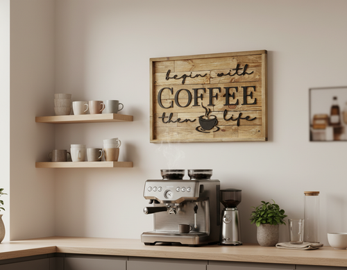Begin With Coffee Then Life Sign | Rustic Pallet Wood Coffee Bar Wall Art image 0