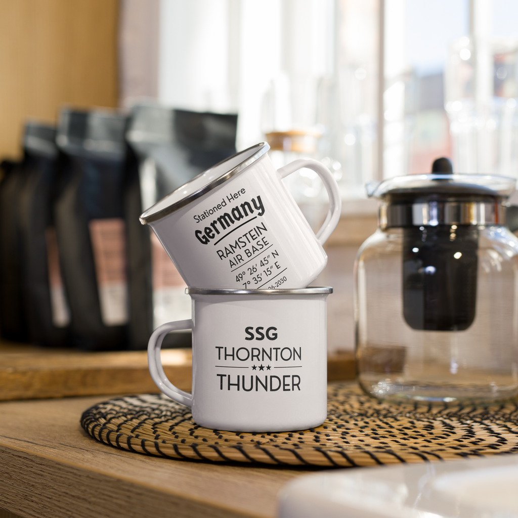 Personalized Military Enamel Mug – Ramstein Air Base Stationed Here Mug