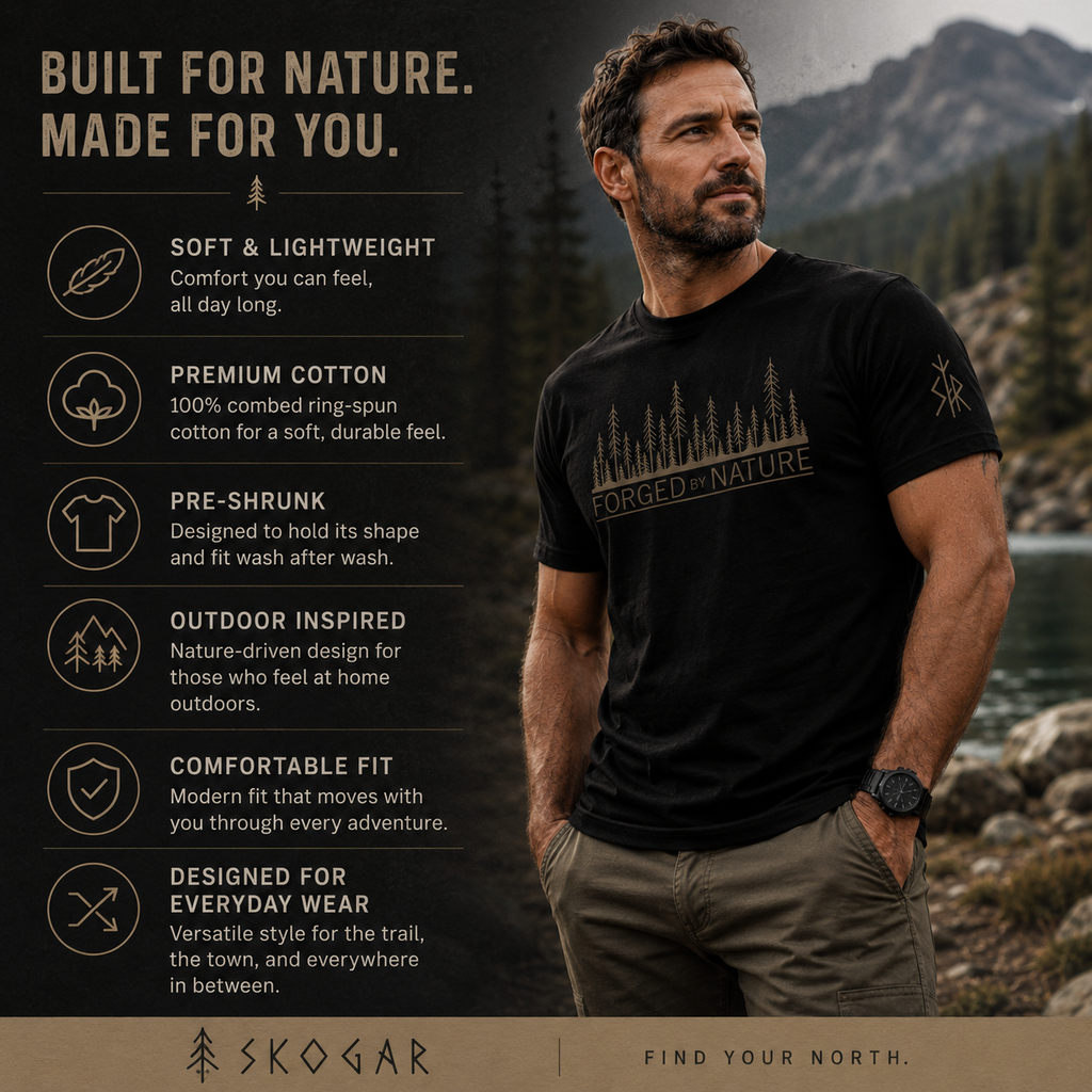 Nordic Forest T-Shirt for Men | Outdoor Graphic Tee | Nature Inspired Shirt | Wilderness Clothing | Scandinavian Style | Forged by Nature