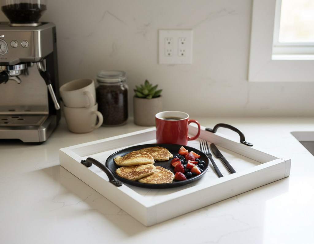 Herringbone Wood Serving Tray with Handles – Rustic Farmhouse Coffee Table Tray