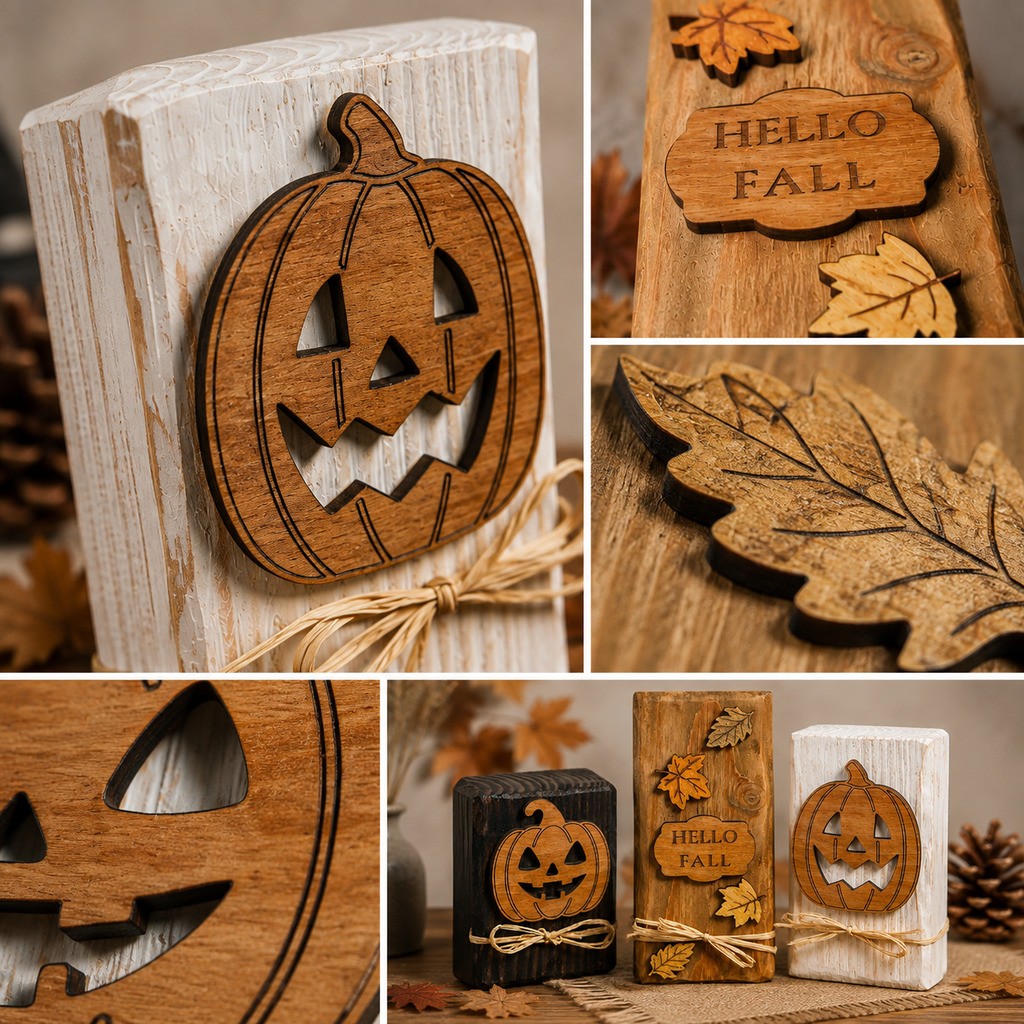 Fall Wood Block Décor, Mix & Match Autumn Decorations, Wooden Pumpkin Shelf Sitters, Hello Fall Sign, Rustic Farmhouse Décor