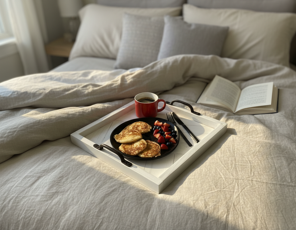 Herringbone Wood Serving Tray with Handles – Rustic Farmhouse Coffee Table Tray