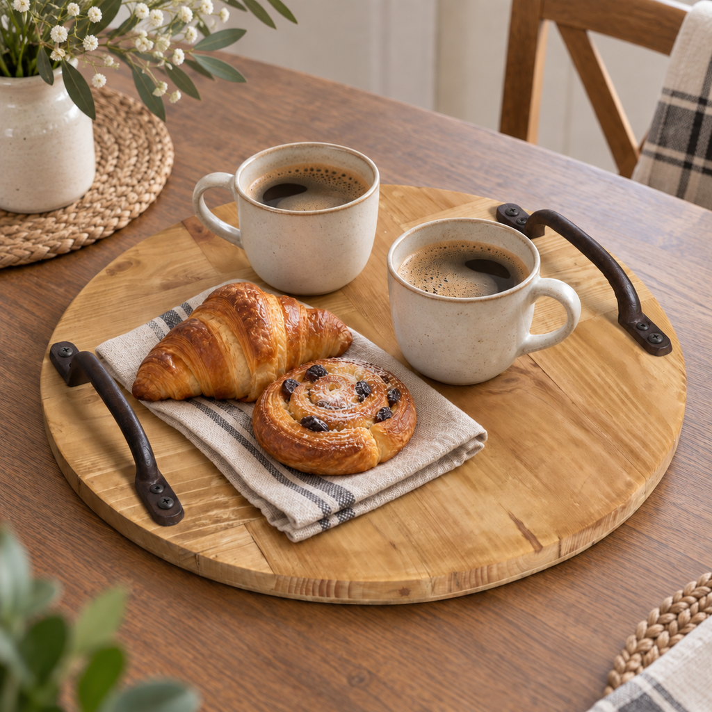 Rustic Wooden Serving Tray, Round Reclaimed Pallet Wood Tray with Metal Handles