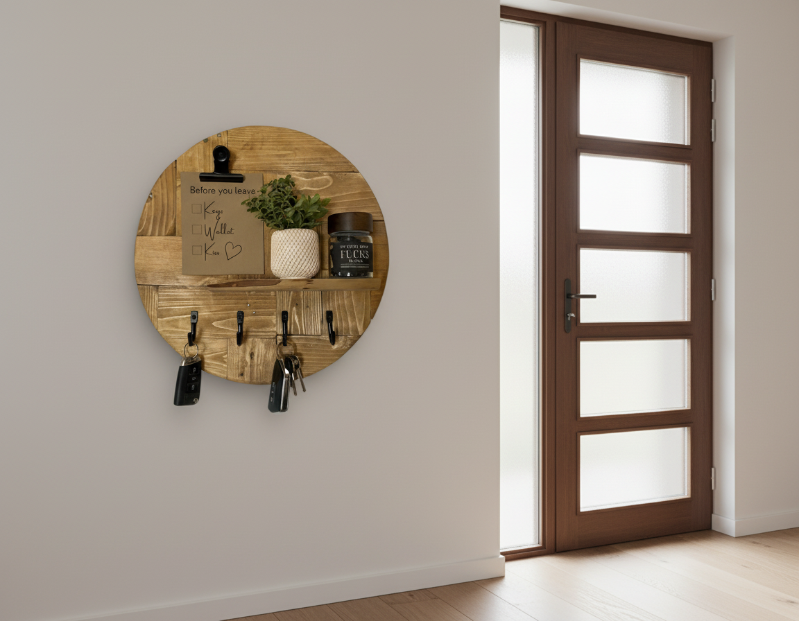 Round Wooden Key Holder with Shelf | Rustic Wall Key Organiser