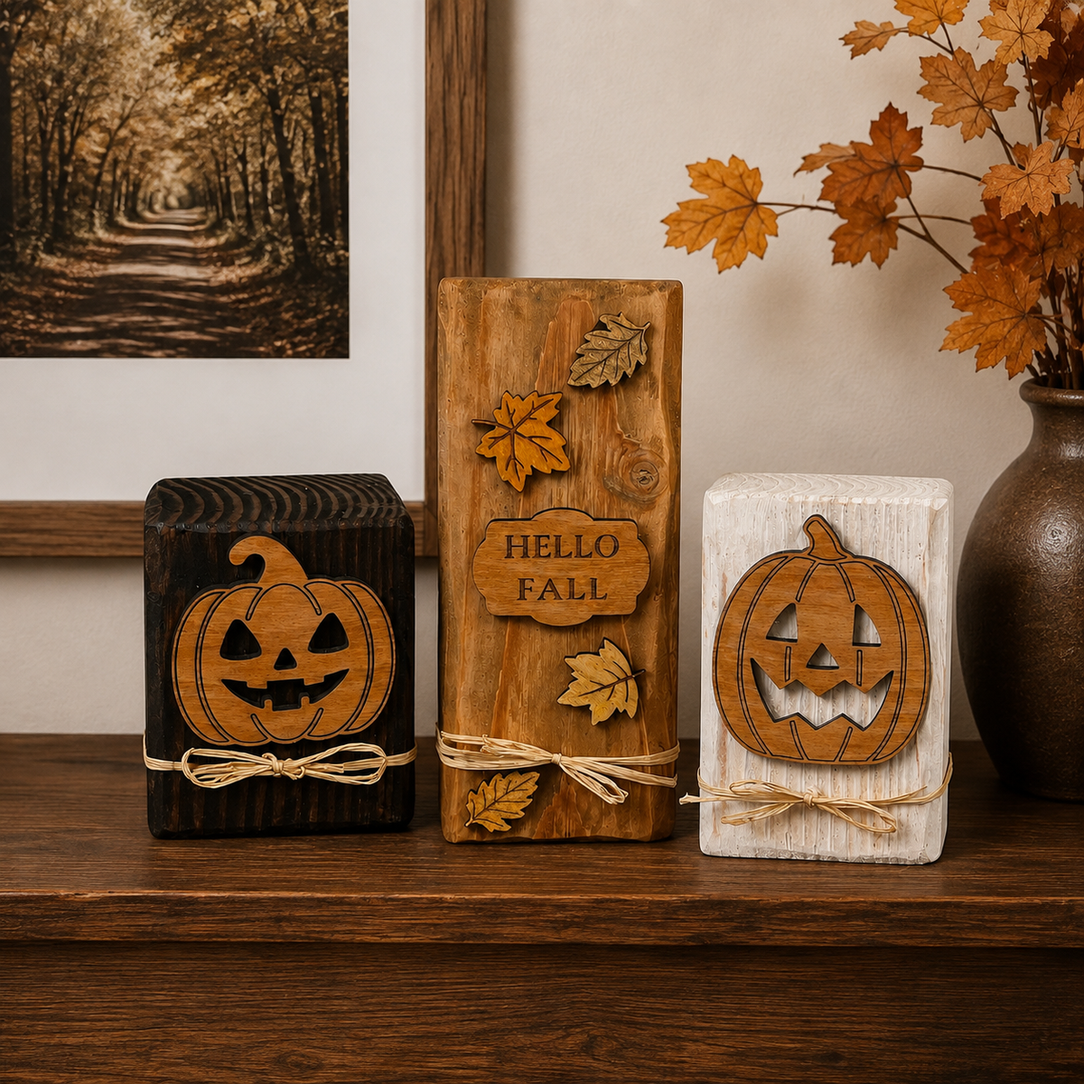 Fall Wood Block Décor, Mix & Match Autumn Decorations, Wooden Pumpkin Shelf Sitters, Hello Fall Sign, Rustic Farmhouse Décor