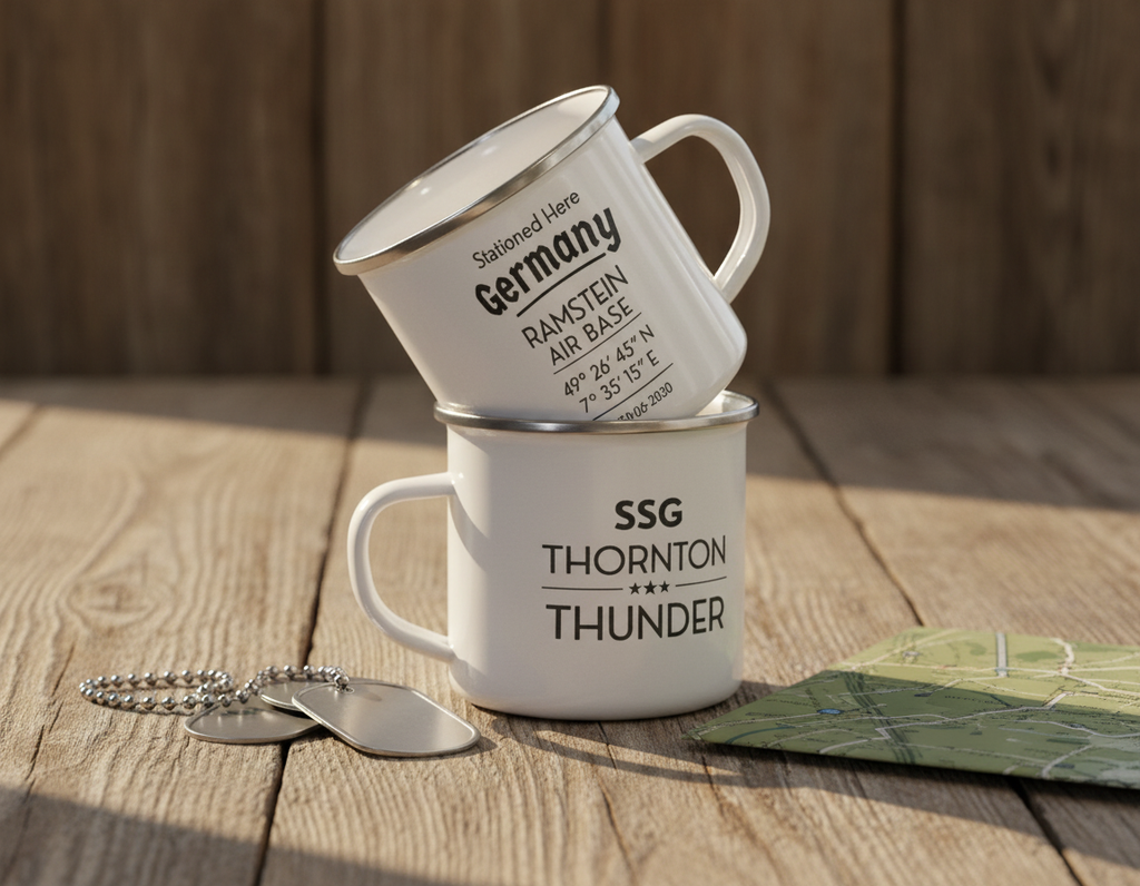 Personalized Military Enamel Mug – Ramstein Air Base Stationed Here Mug