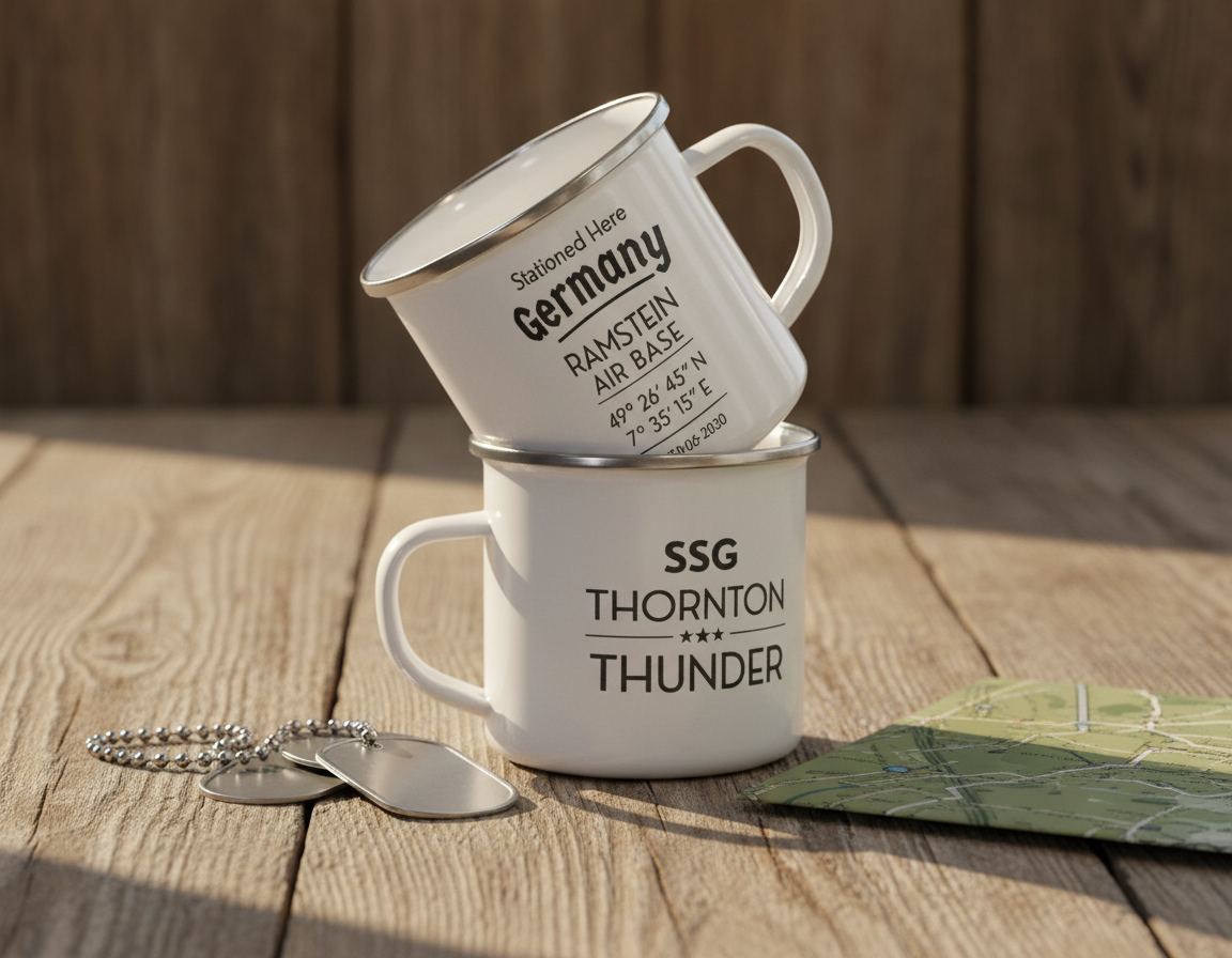 Personalized Military Enamel Mug – Ramstein Air Base Stationed Here Mug
