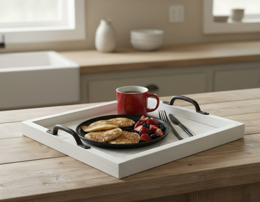 Herringbone Wood Serving Tray with Handles – Rustic Farmhouse Coffee Table Tray