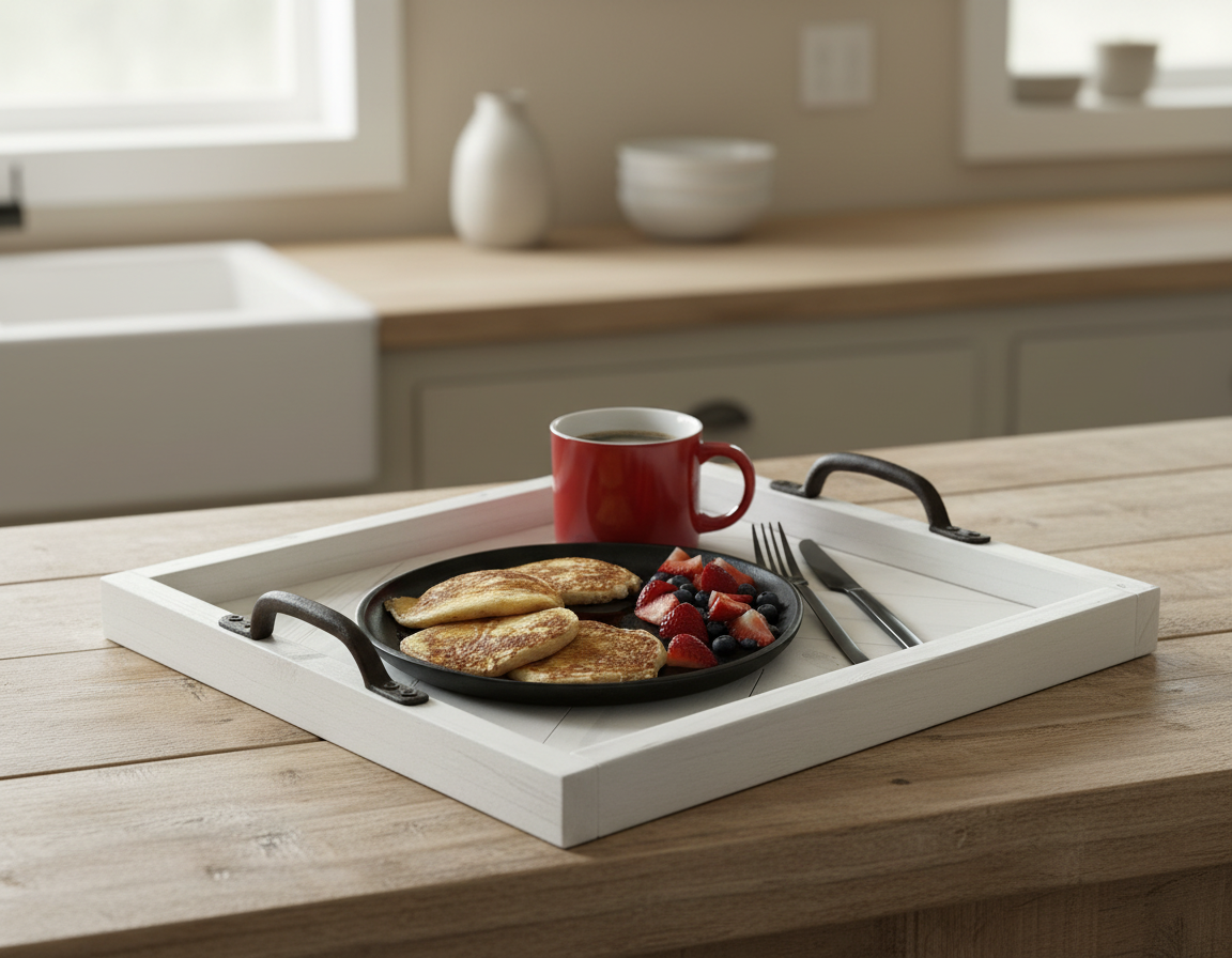 Herringbone Wood Serving Tray with Handles – Rustic Farmhouse Coffee Table Tray