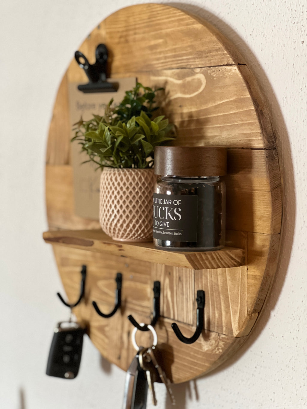 Round Wooden Key Holder with Shelf | Rustic Wall Key Organiser