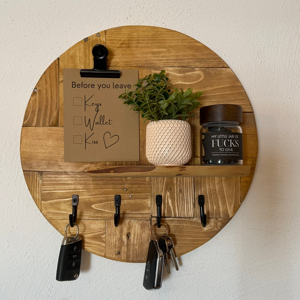 Round Wooden Key Holder with Shelf | Rustic Wall Key Organiser