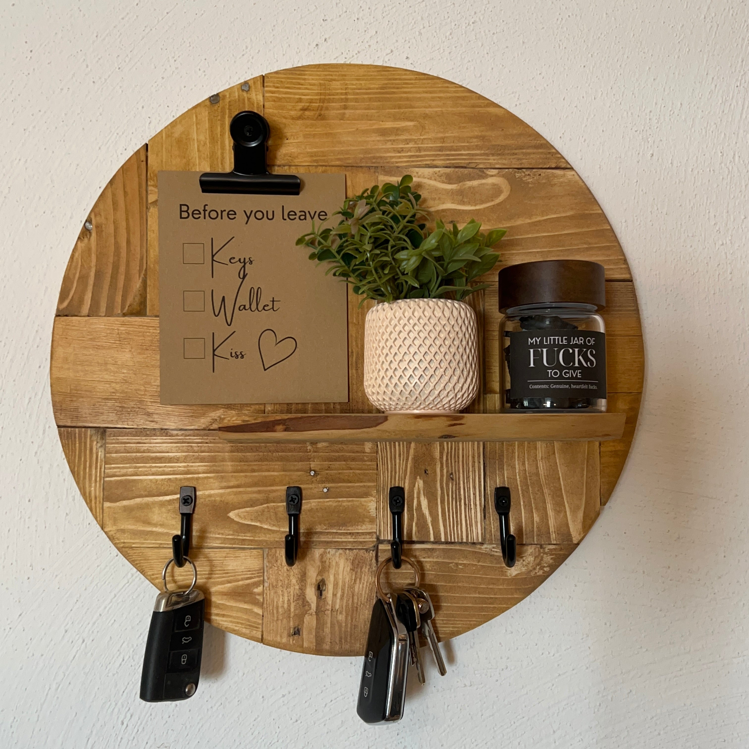 Round Wooden Key Holder with Shelf | Rustic Wall Key Organiser