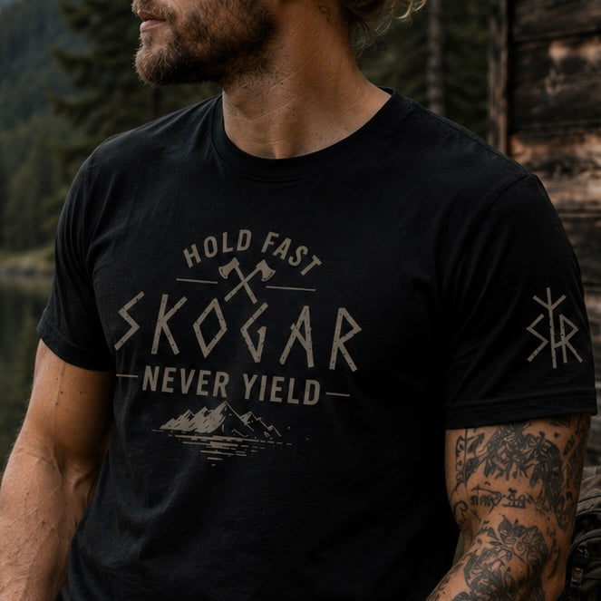 Men's Nordic Adventure T-Shirt, Mountain Graphic Tee, Hold Fast Never Yield SKOGAR Apparel