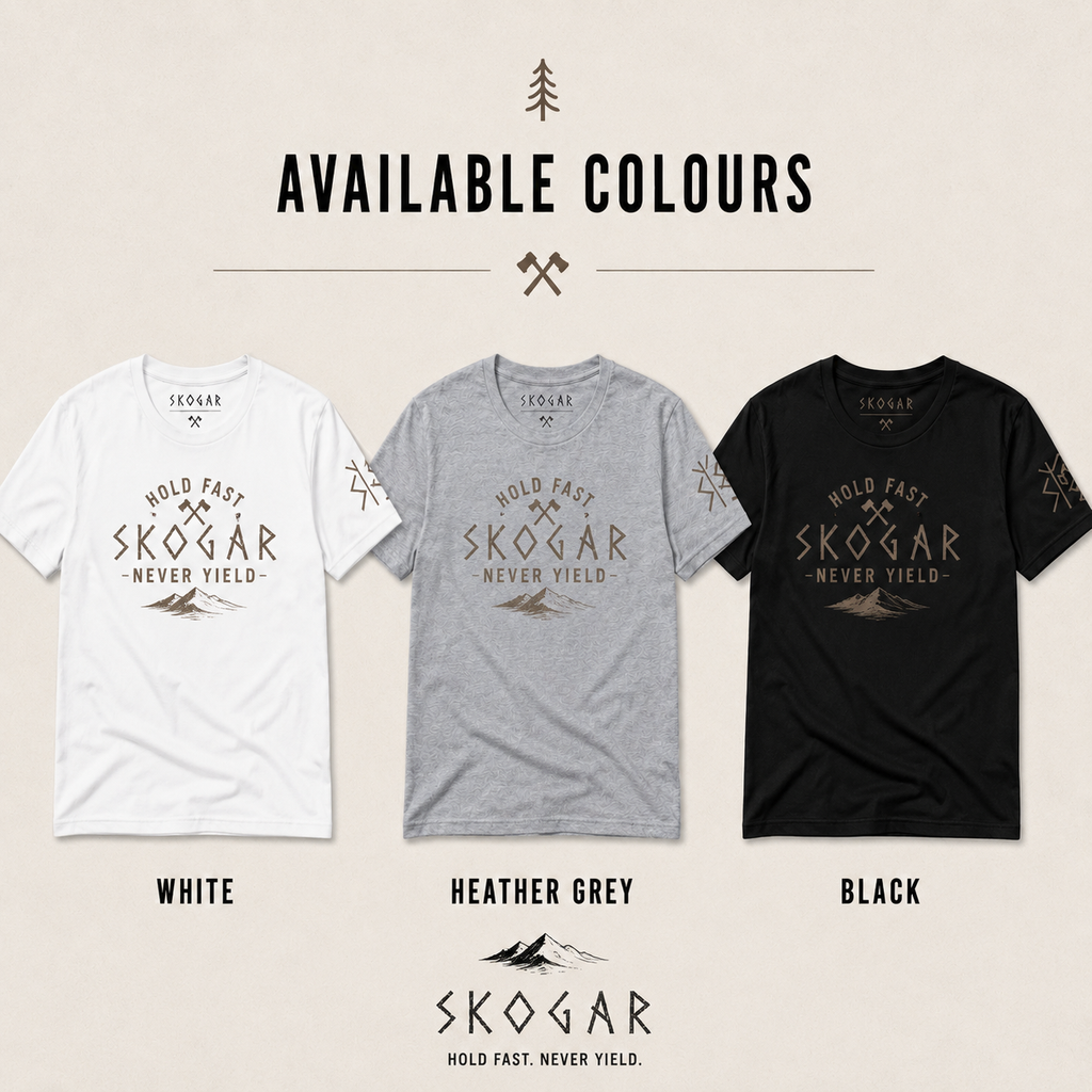 Men's Nordic Adventure T-Shirt, Mountain Graphic Tee, Hold Fast Never Yield SKOGAR Apparel