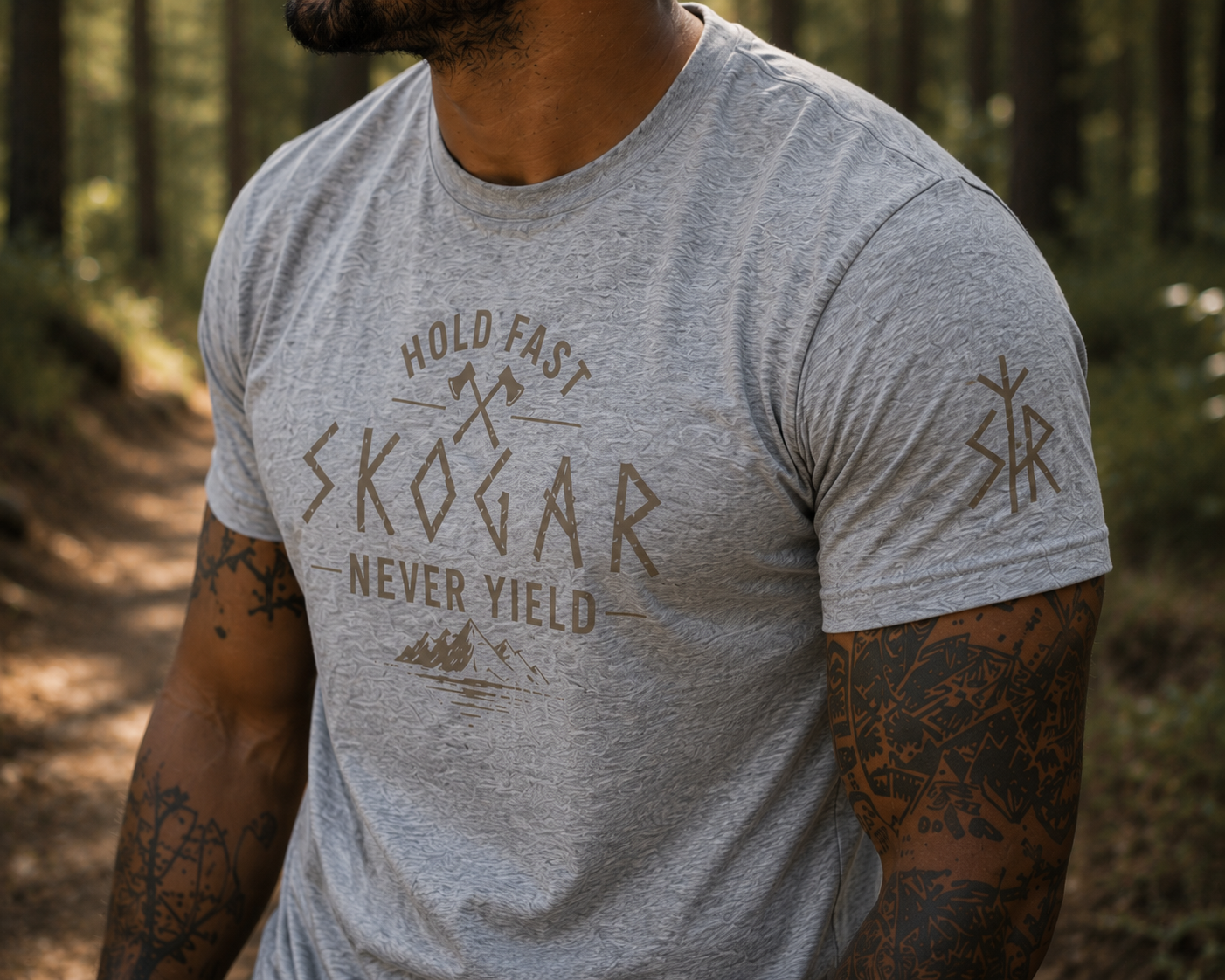 Men's Nordic Adventure T-Shirt, Mountain Graphic Tee, Hold Fast Never Yield SKOGAR Apparel