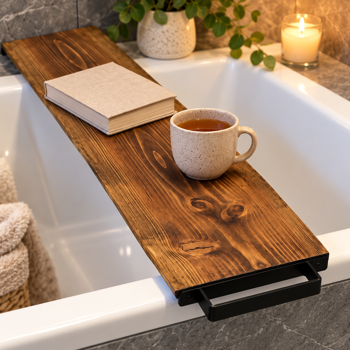 Live Edge Douglas Fir Bath Caddy with Steel Towel Rack