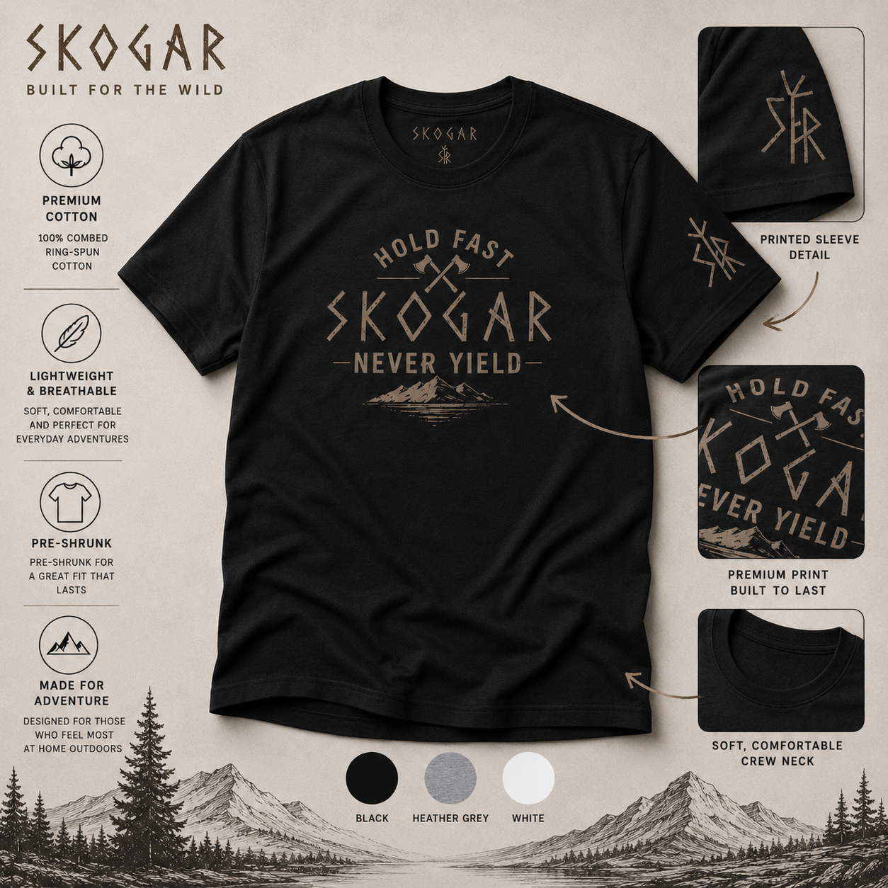 Men's Nordic Adventure T-Shirt, Mountain Graphic Tee, Hold Fast Never Yield SKOGAR Apparel