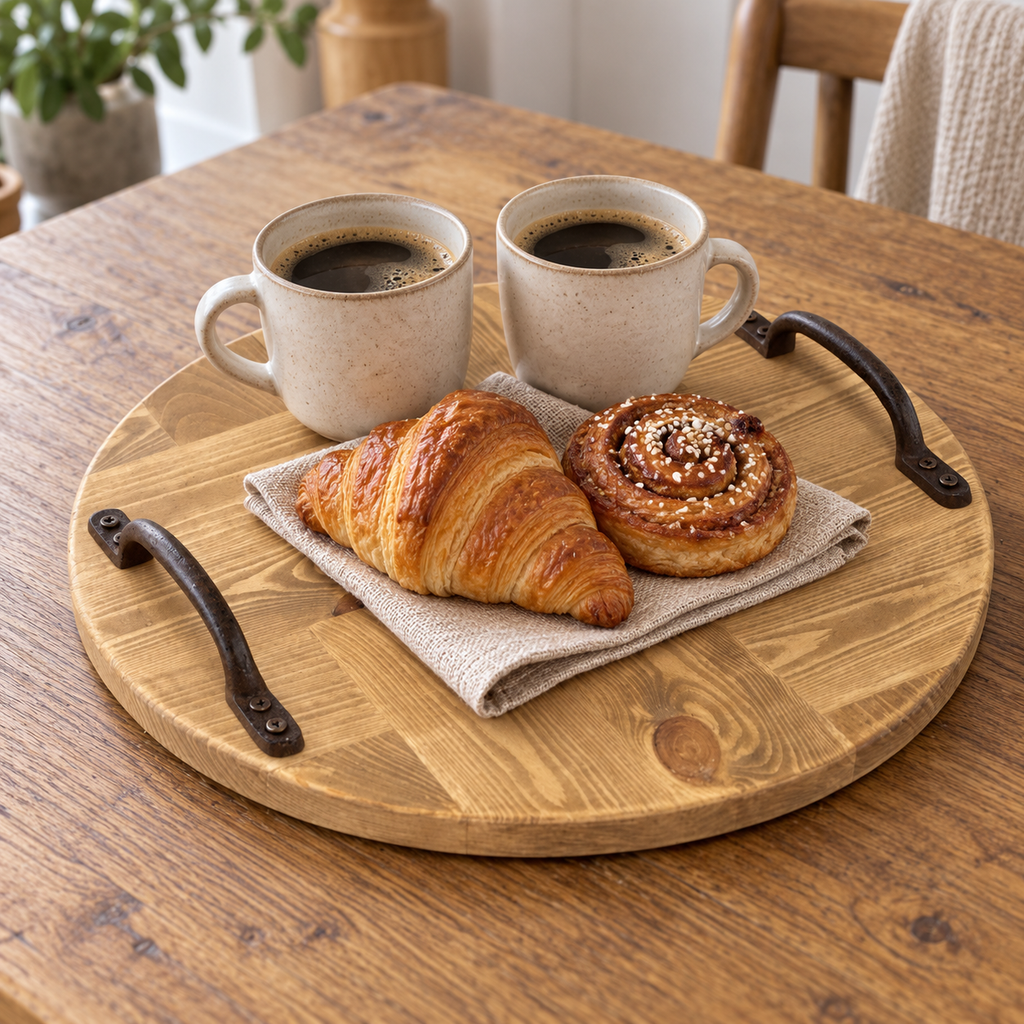 Rustic Wooden Serving Tray, Round Reclaimed Pallet Wood Tray with Metal Handles