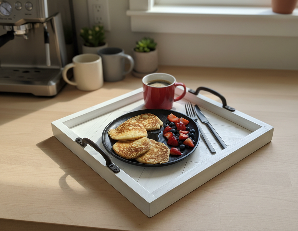 Herringbone Wood Serving Tray with Handles – Rustic Farmhouse Coffee Table Tray