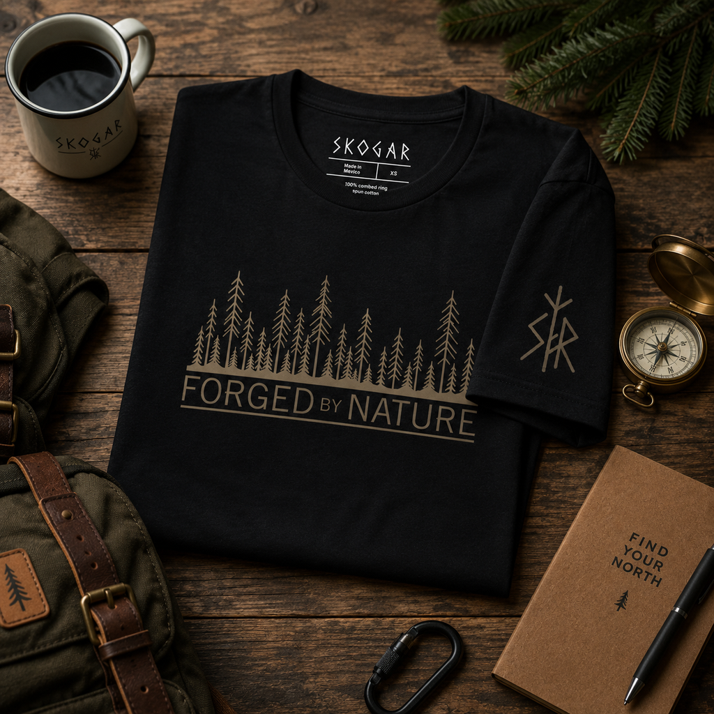 Nordic Forest T-Shirt for Men | Outdoor Graphic Tee | Nature Inspired Shirt | Wilderness Clothing | Scandinavian Style | Forged by Nature