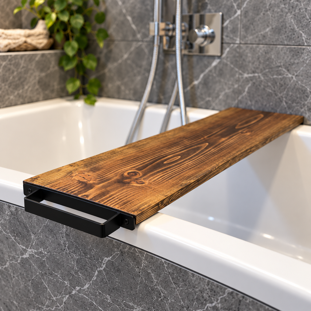 Live Edge Douglas Fir Bath Caddy with Steel Towel Rack