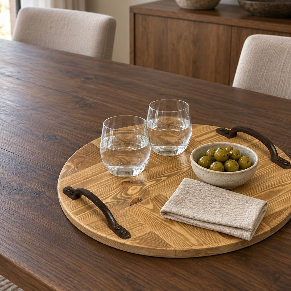 Rustic Wooden Serving Tray, Round Reclaimed Pallet Wood Tray with Metal Handles
