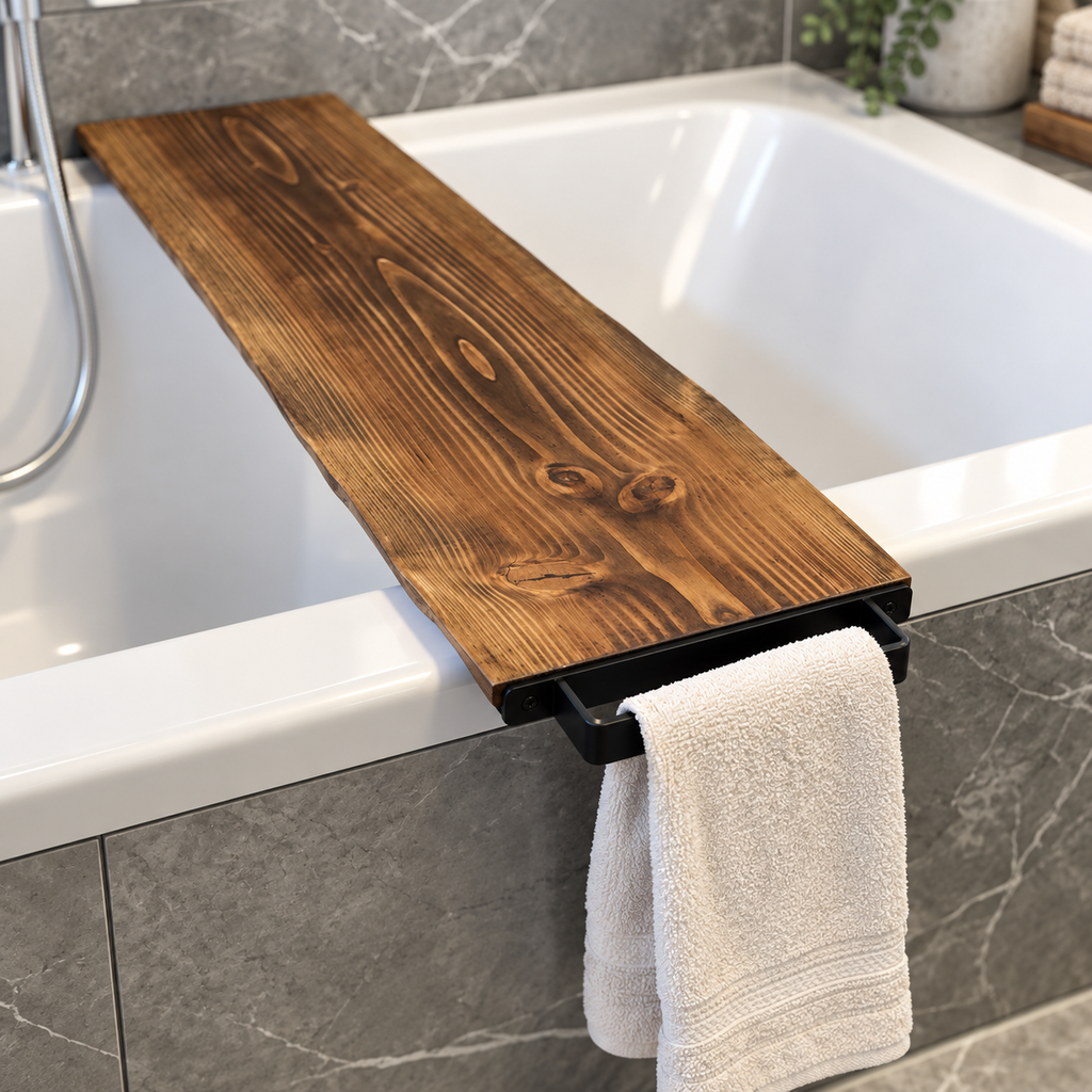 Live Edge Douglas Fir Bath Caddy with Steel Towel Rack