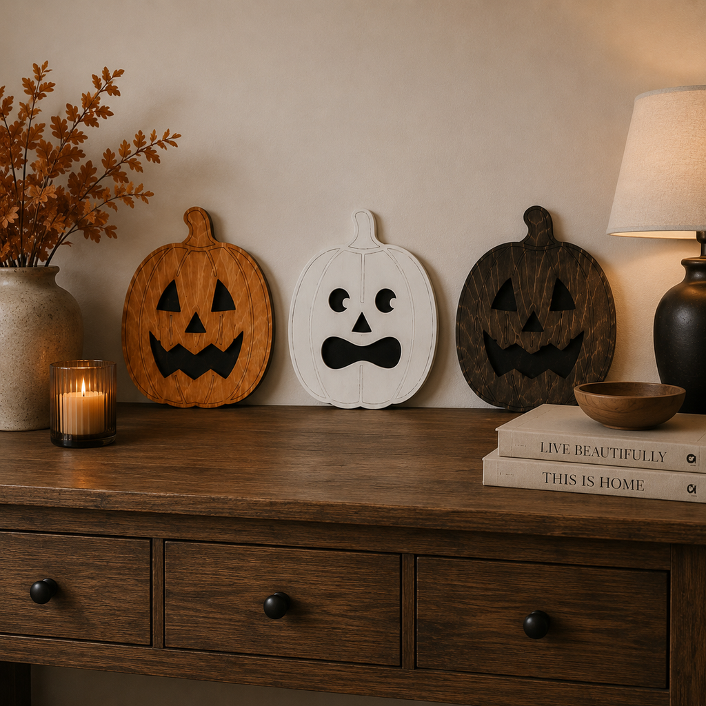 Halloween Pumpkin Décor – Wooden Jack O Lantern Rustic Halloween Wall & Shelf Décor