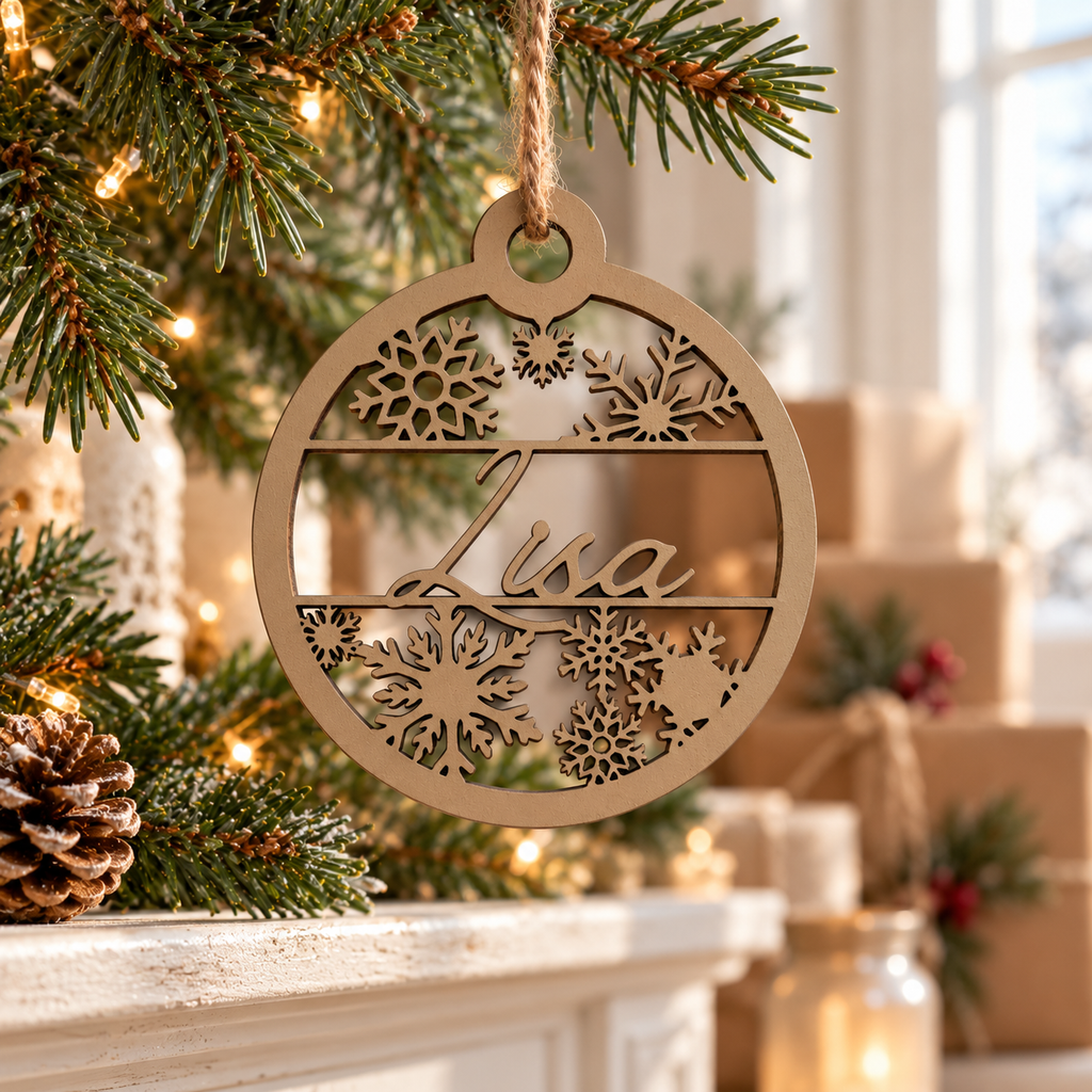 Personalised Wooden Christmas Ornament with Snowflakes