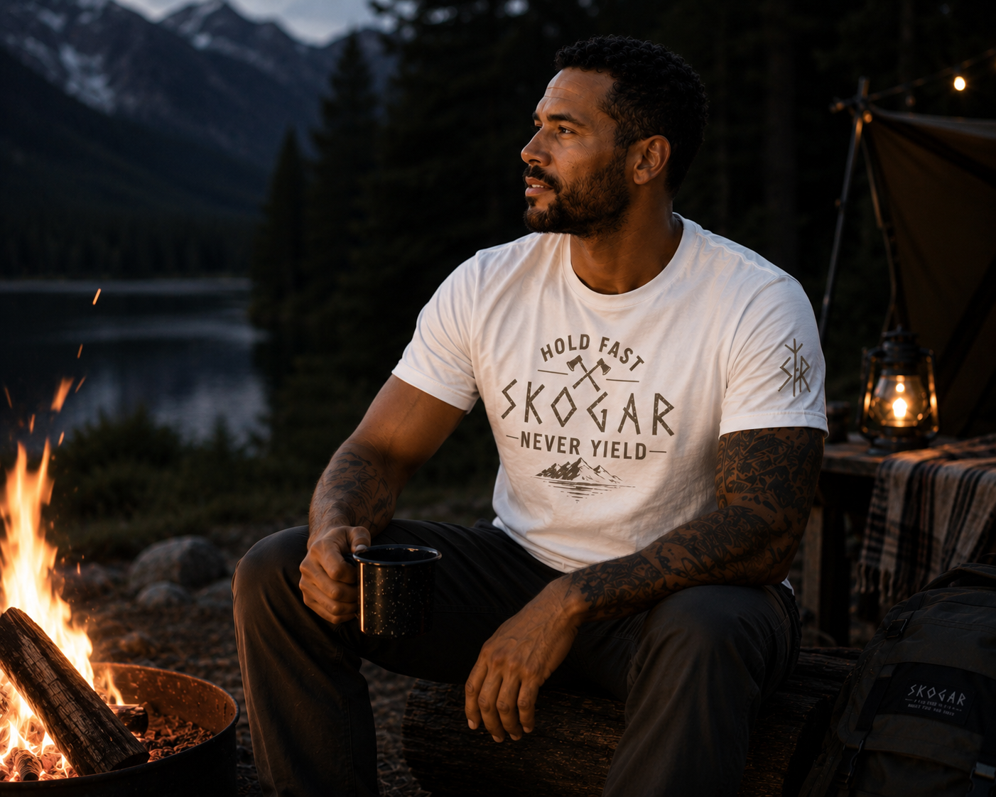 Men's Nordic Adventure T-Shirt, Mountain Graphic Tee, Hold Fast Never Yield SKOGAR Apparel