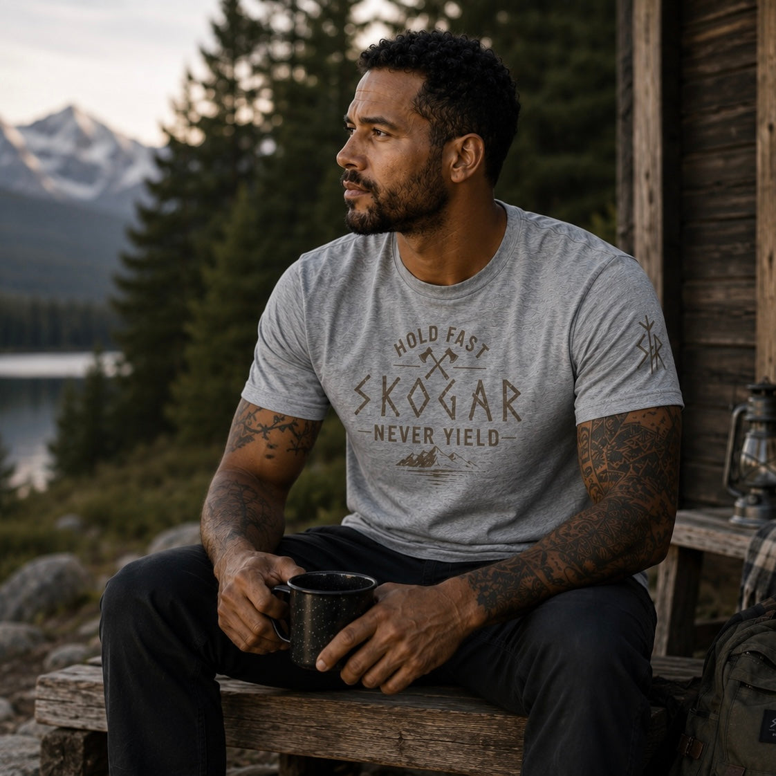 Men's Nordic Adventure T-Shirt, Mountain Graphic Tee, Hold Fast Never Yield SKOGAR Apparel