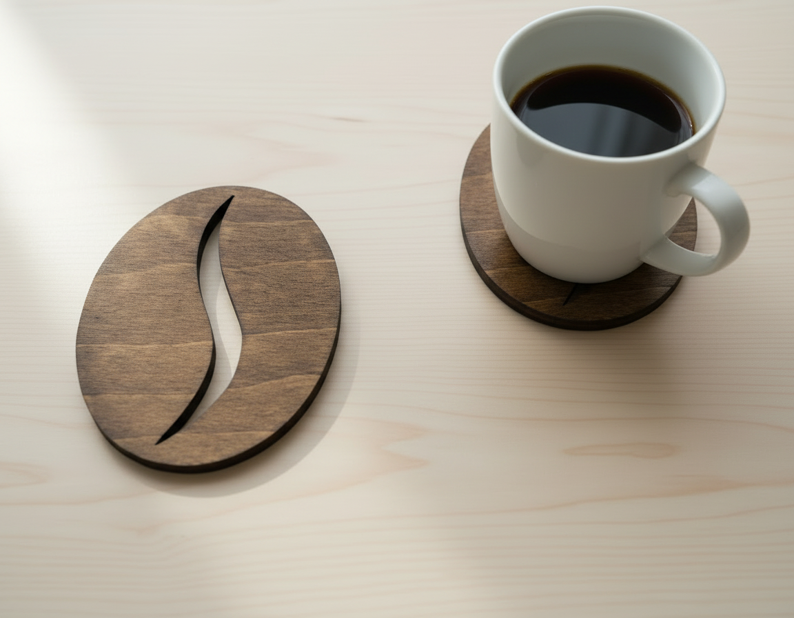 Coffee Bean Coaster Wooden – Beech Wood Coaster with Cork Feet