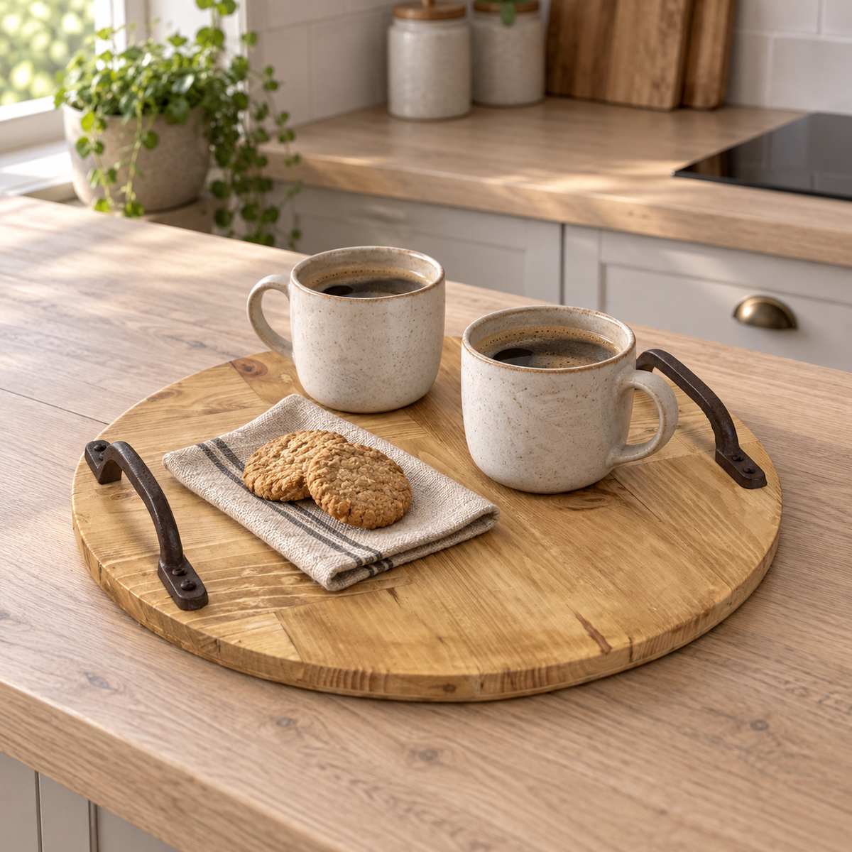 Rustic Wooden Serving Tray, Round Reclaimed Pallet Wood Tray with Metal Handles