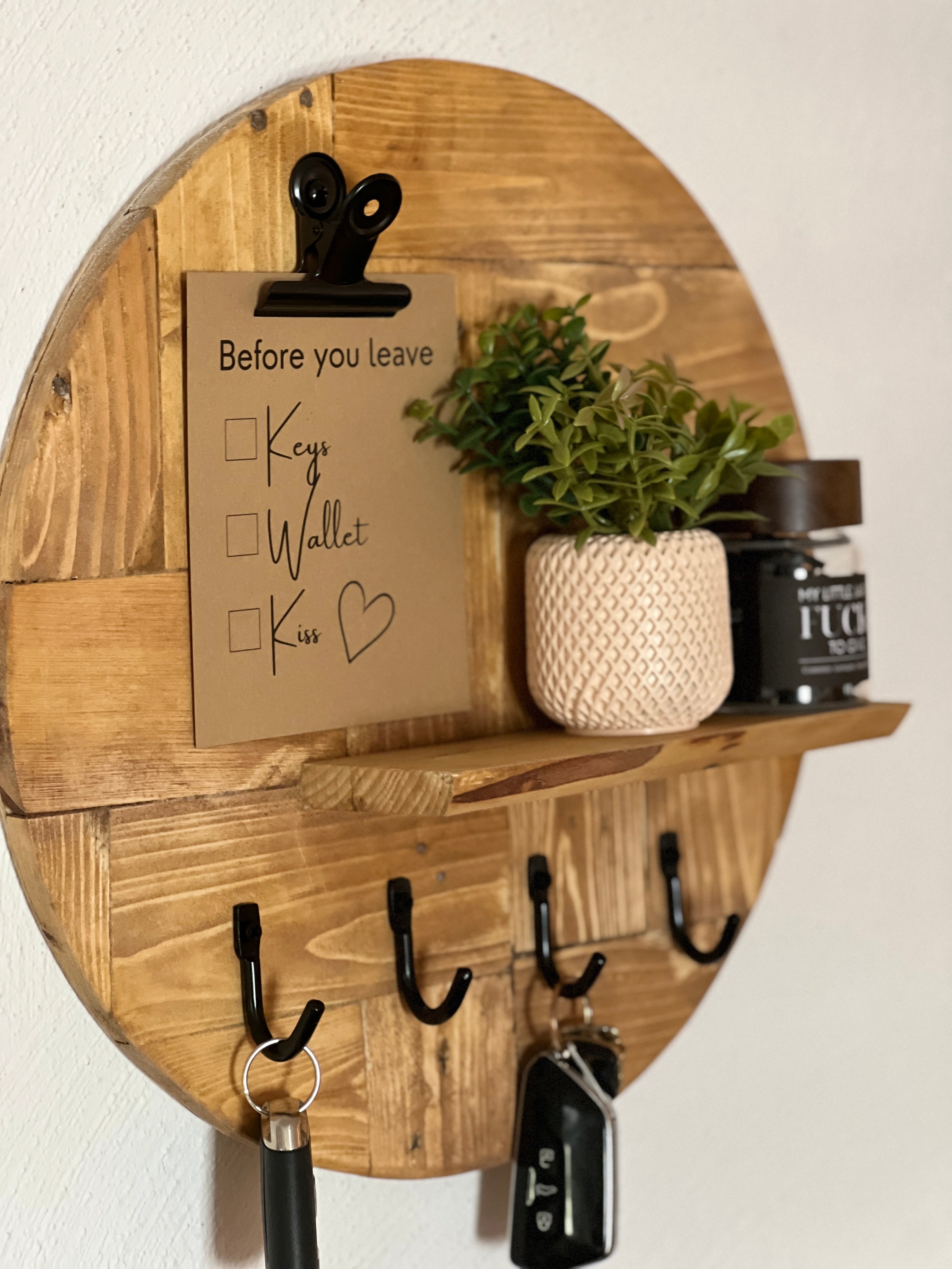 Round Wooden Key Holder with Shelf | Rustic Wall Key Organiser