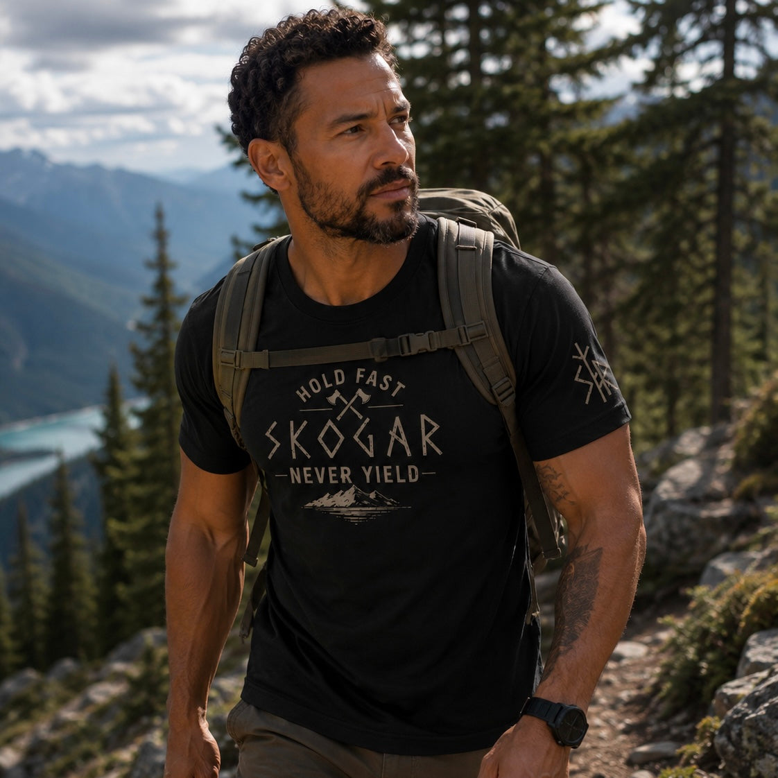 Men's Nordic Adventure T-Shirt, Mountain Graphic Tee, Hold Fast Never Yield SKOGAR Apparel