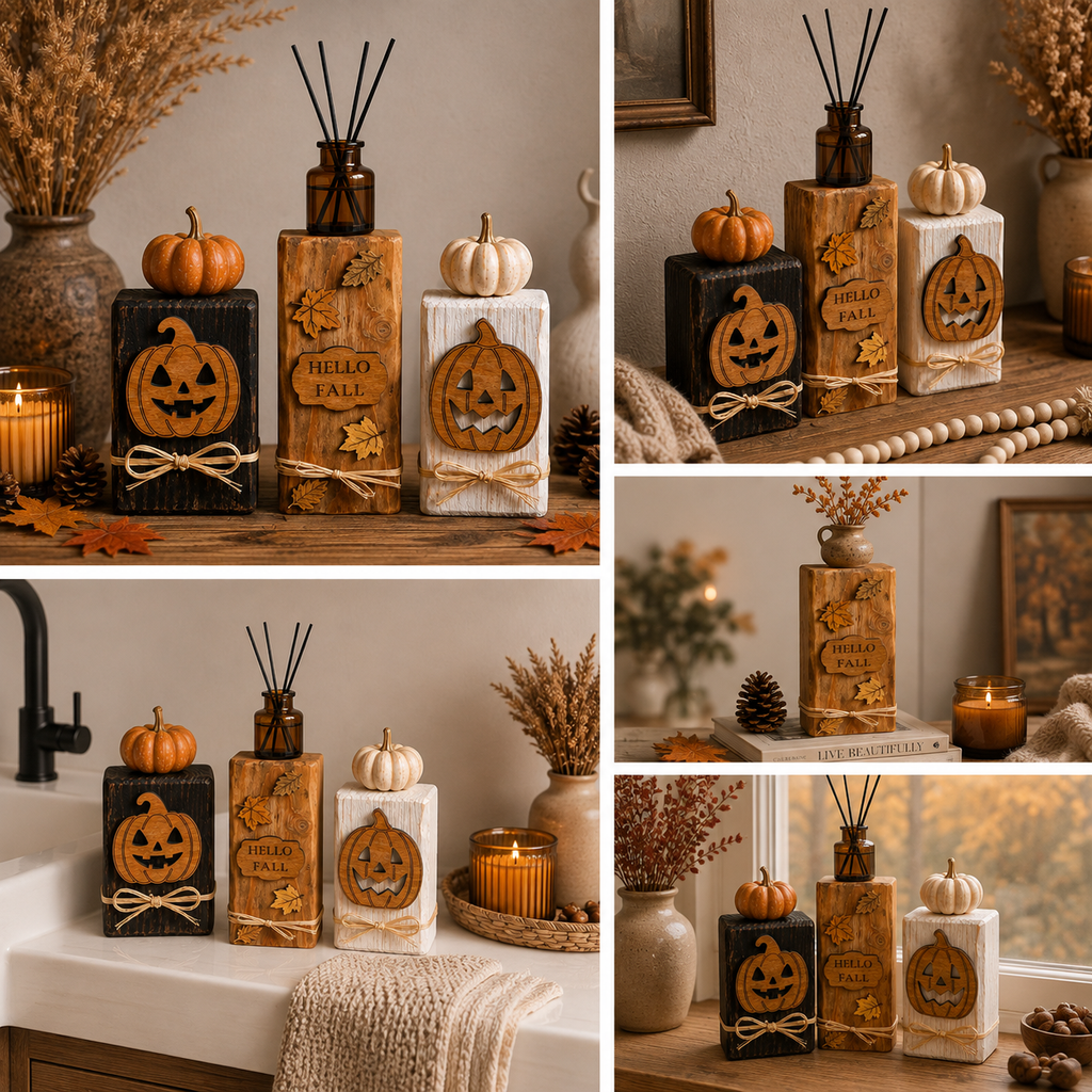 Fall Wood Block Décor, Mix & Match Autumn Decorations, Wooden Pumpkin Shelf Sitters, Hello Fall Sign, Rustic Farmhouse Décor