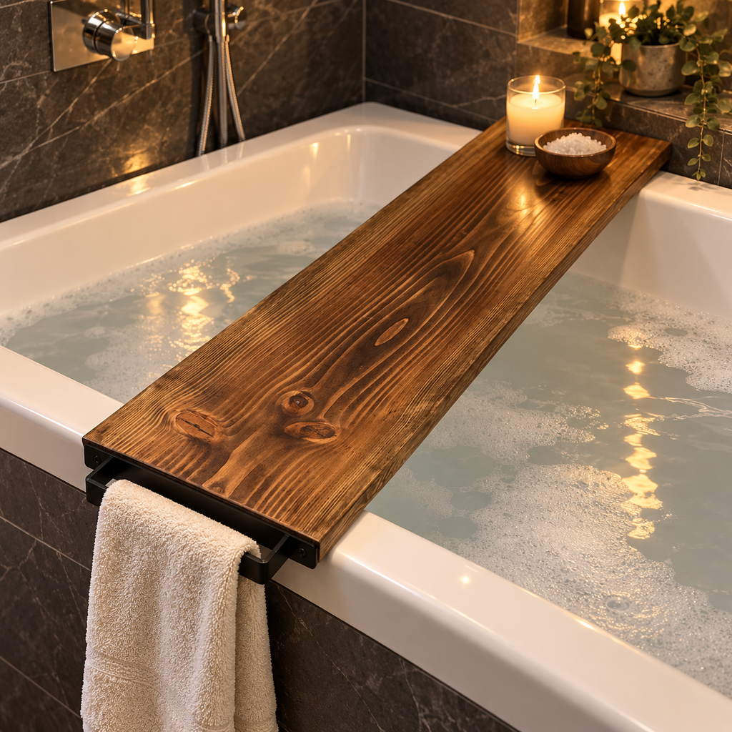 Live Edge Douglas Fir Bath Caddy with Steel Towel Rack