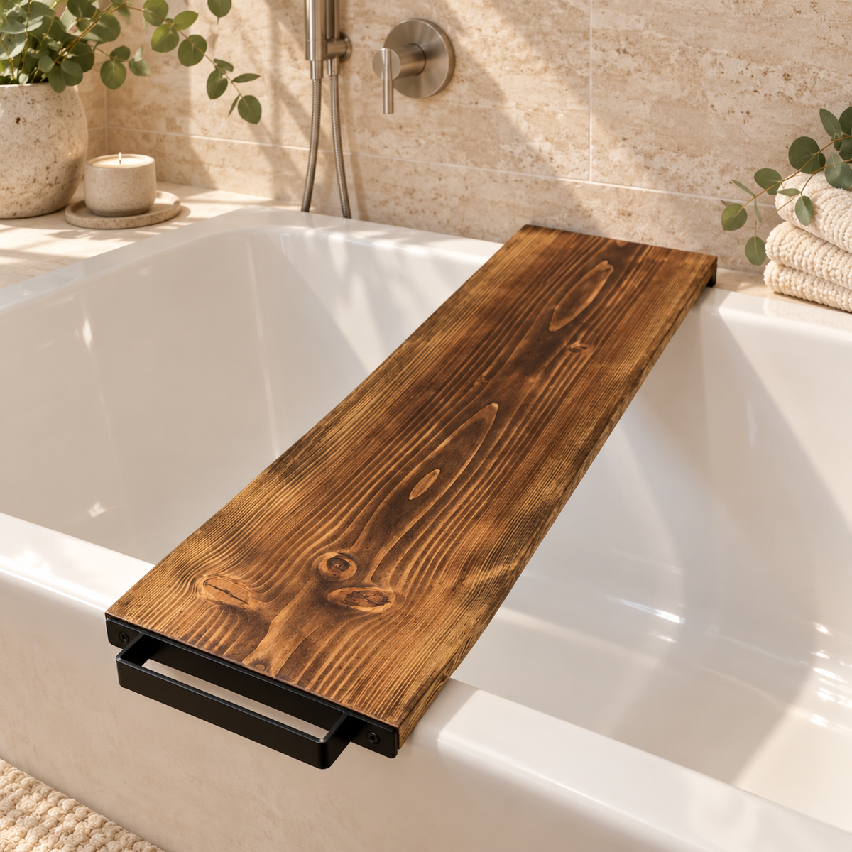 Live Edge Douglas Fir Bath Caddy with Steel Towel Rack