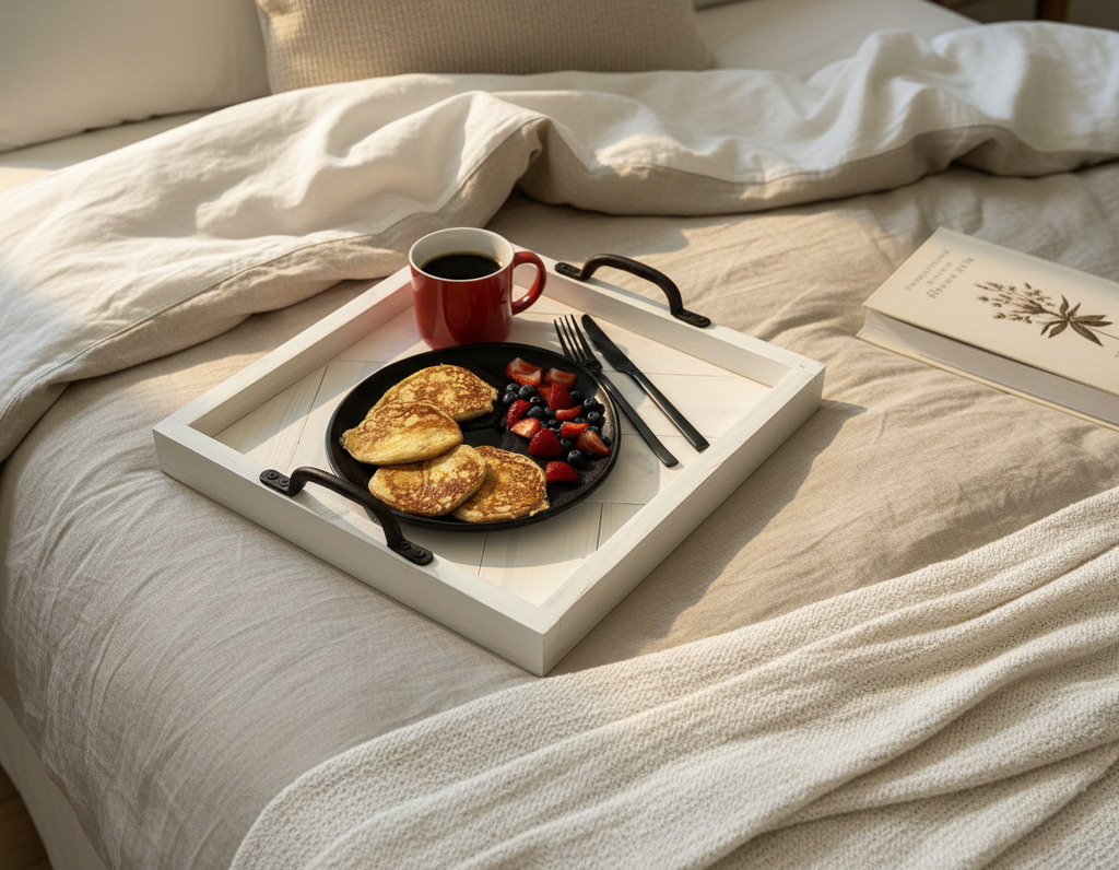 Herringbone Wood Serving Tray with Handles – Rustic Farmhouse Coffee Table Tray