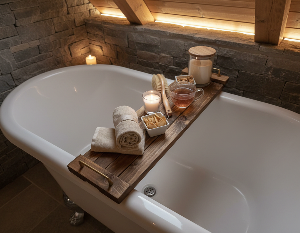 Rustic-Style Walnut Stain Wood Plank Bath Caddy