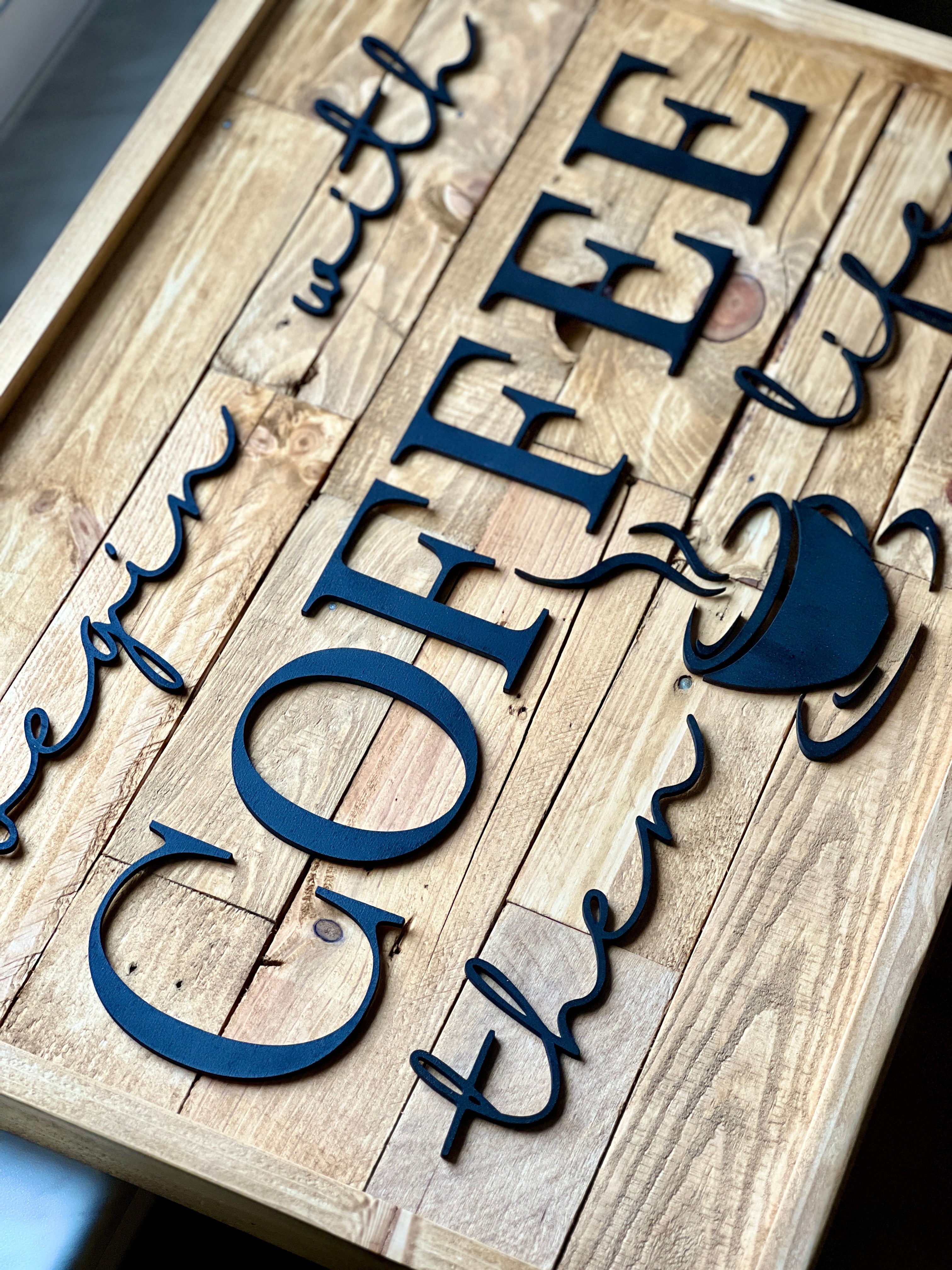 Begin With Coffee Then Life Sign | Rustic Pallet Wood Coffee Bar Wall Art image 12