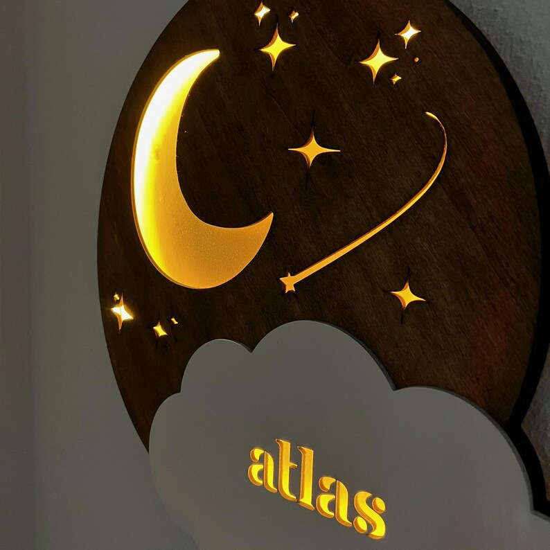 Personalized Moon and Stars LED Nightlight Kids Room Wall Hanging Décor; image 6
