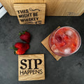 Sip Happens - Rustic Solid Oak Wood Coaster | Sarcastic Drink Coaster image 0